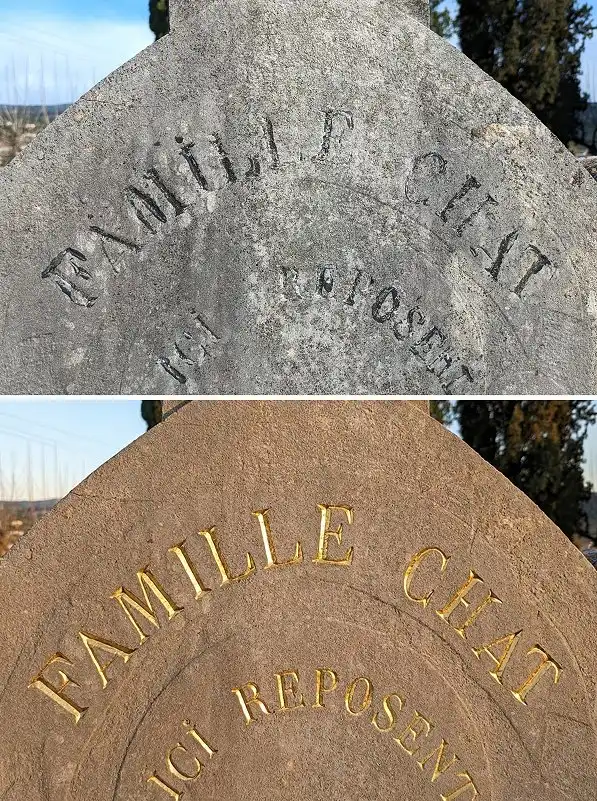 Fraisage des lettres manquantes et rechampissage à la dorure